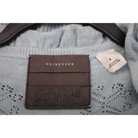 Anthropologie Guinevere Women's Sz M Blue Pointelle Ruffled Curly Top Cardigan - Picture 3 of 12